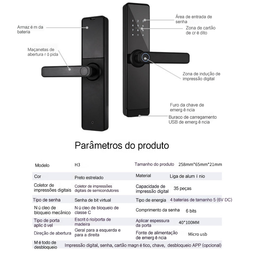 Fechadura Digital Eletronica Inteligente com Biometria, Touch e Wi-Fi - Impressão Digital Segura, Instalação Fácil