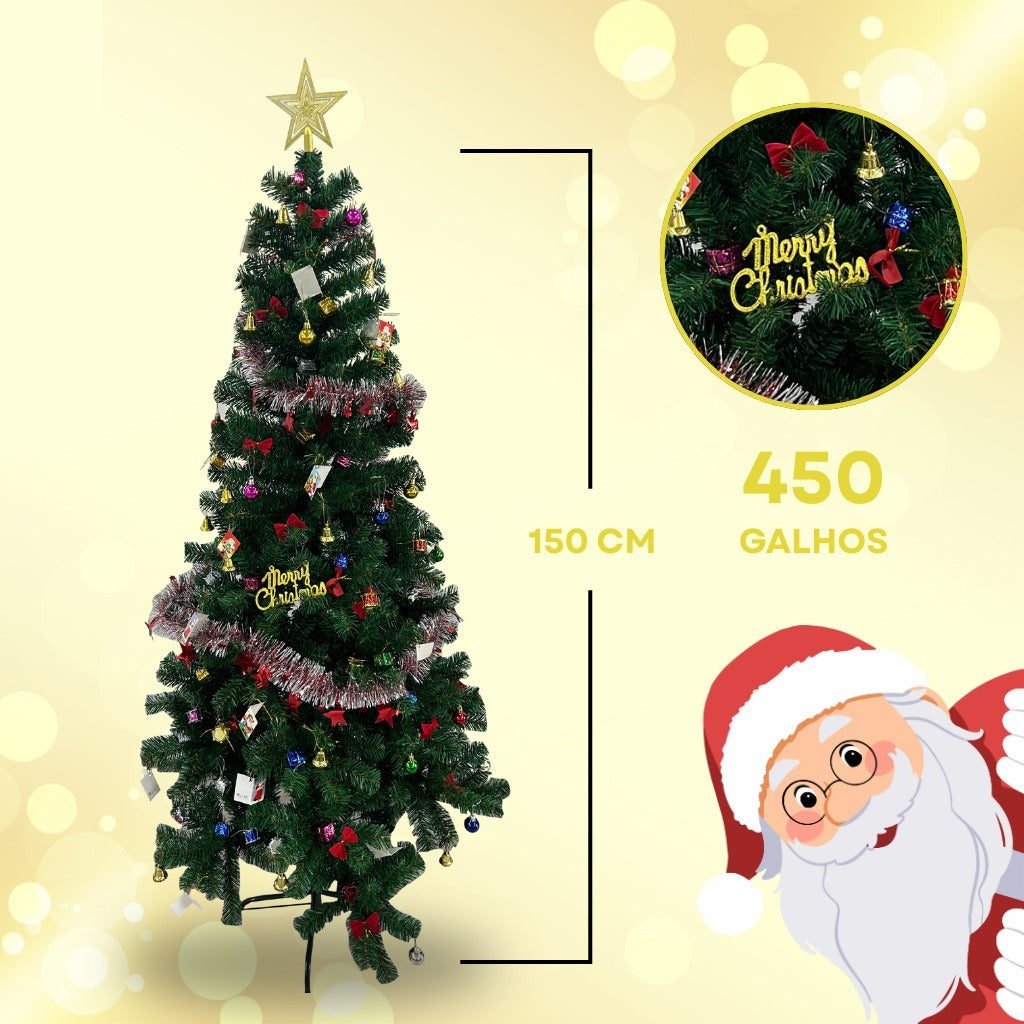 Árvore de Natal Completa com Kit de Decoração – 150 cm 450 Galhos ou 180 cm 540 Galhos