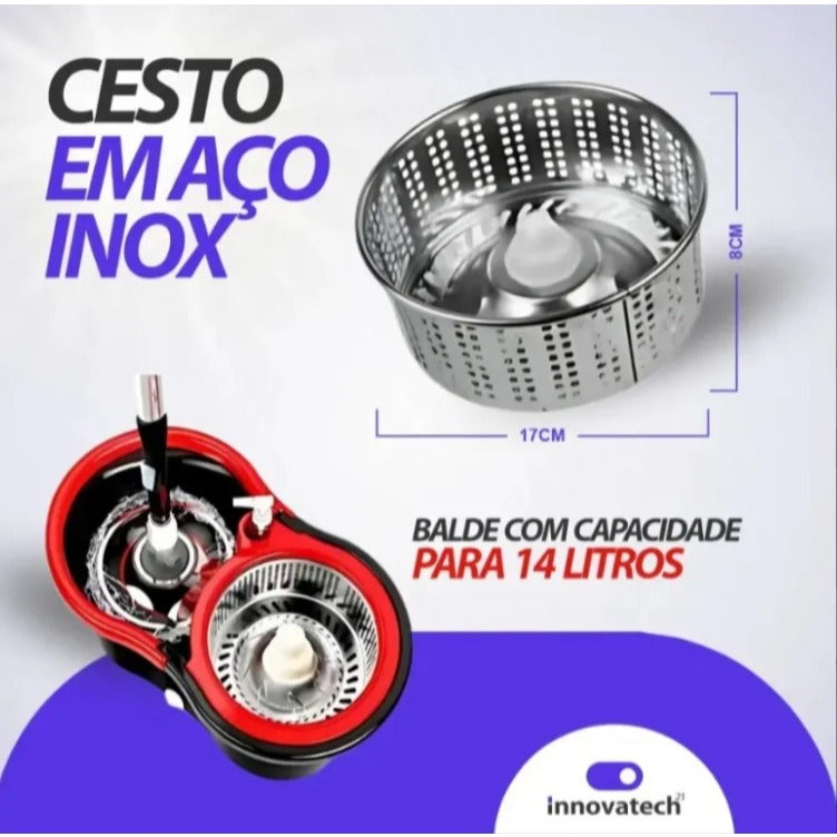 Mop 360° Giratório Inox com Dispenser e Refil de Microfibra