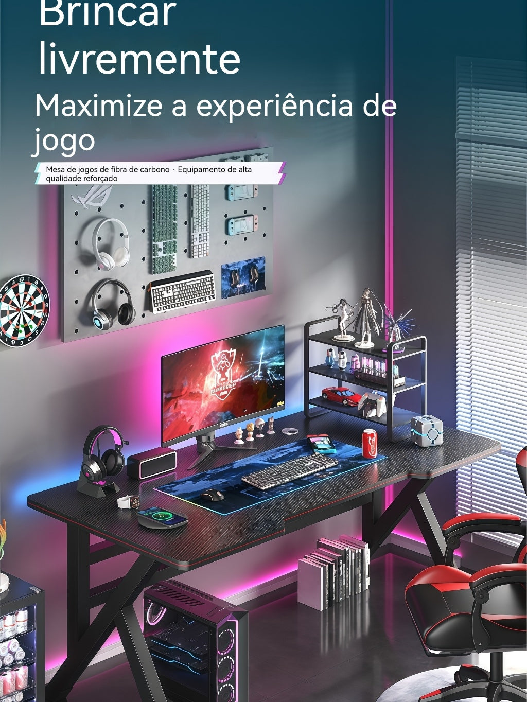 Mesa Gamer para Computador e Jogos Ideal para Estudo e Home Office com porta copos e suporte para fones de ouvido