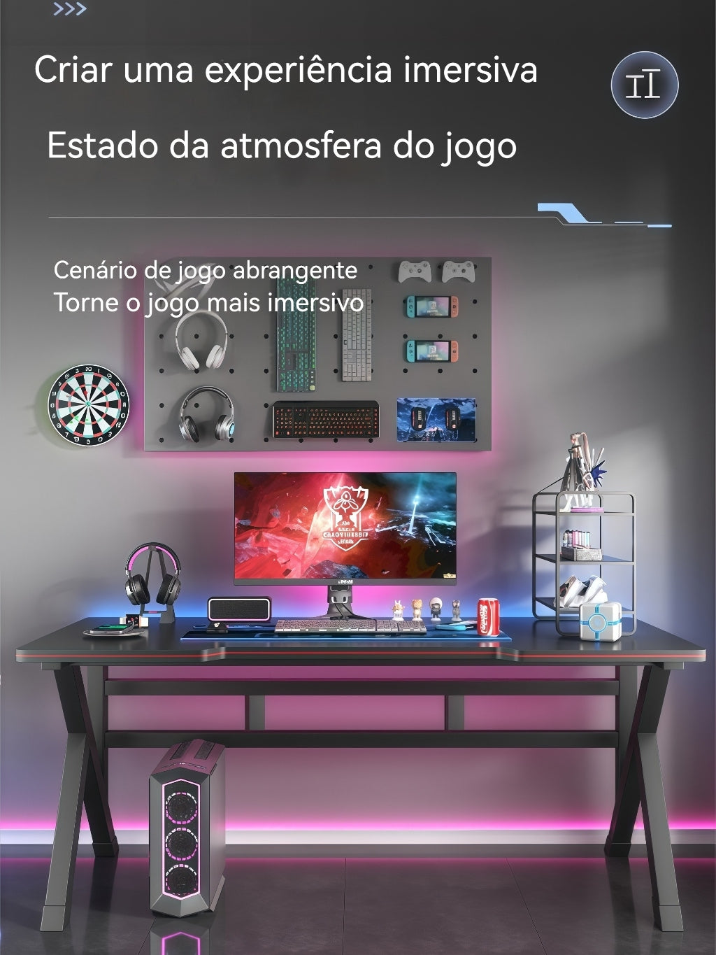 Mesa Gamer para Computador e Jogos Ideal para Estudo e Home Office com porta copos e suporte para fones de ouvido