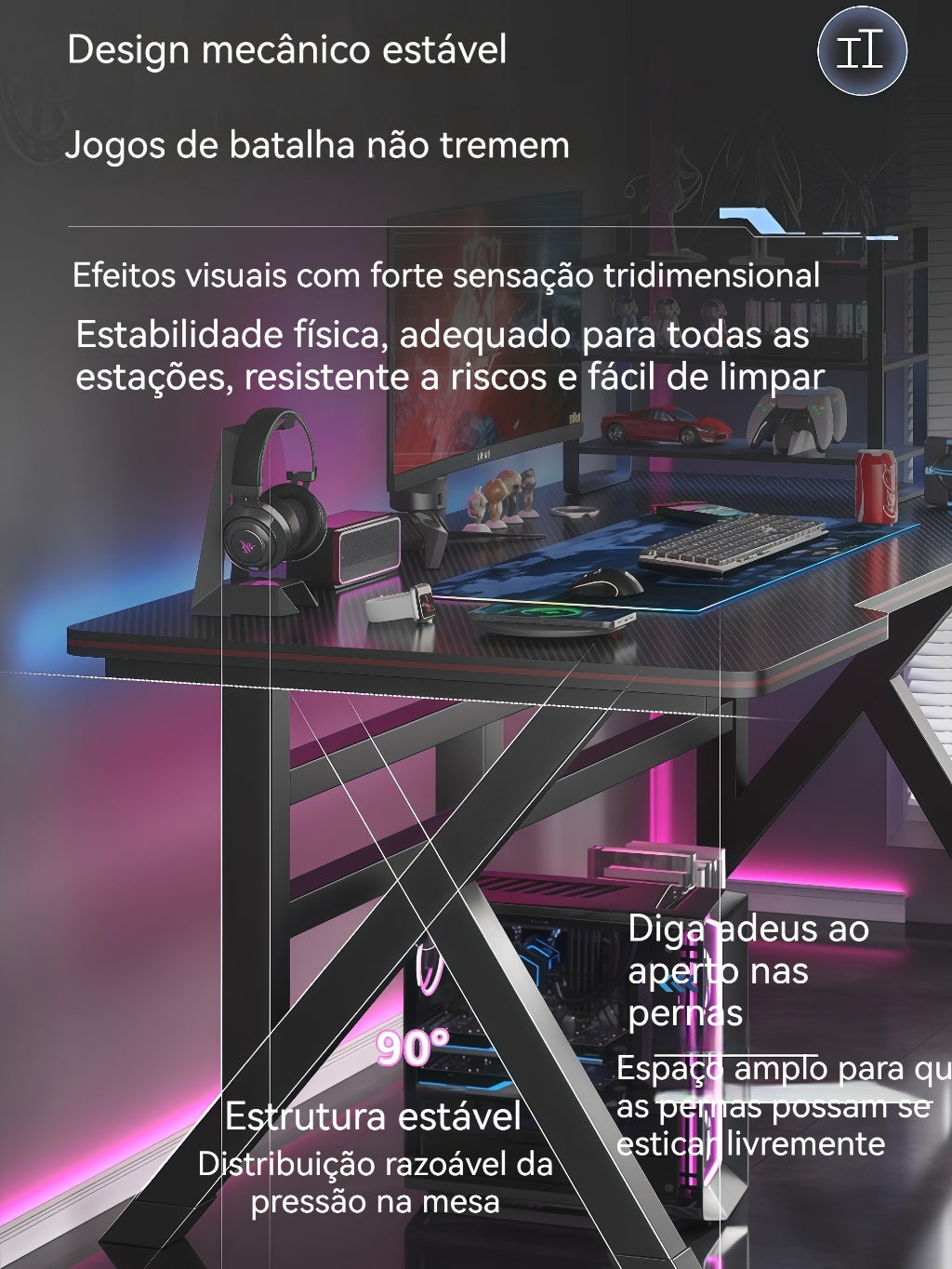 Mesa Gamer para Computador e Jogos Ideal para Estudo e Home Office com porta copos e suporte para fones de ouvido