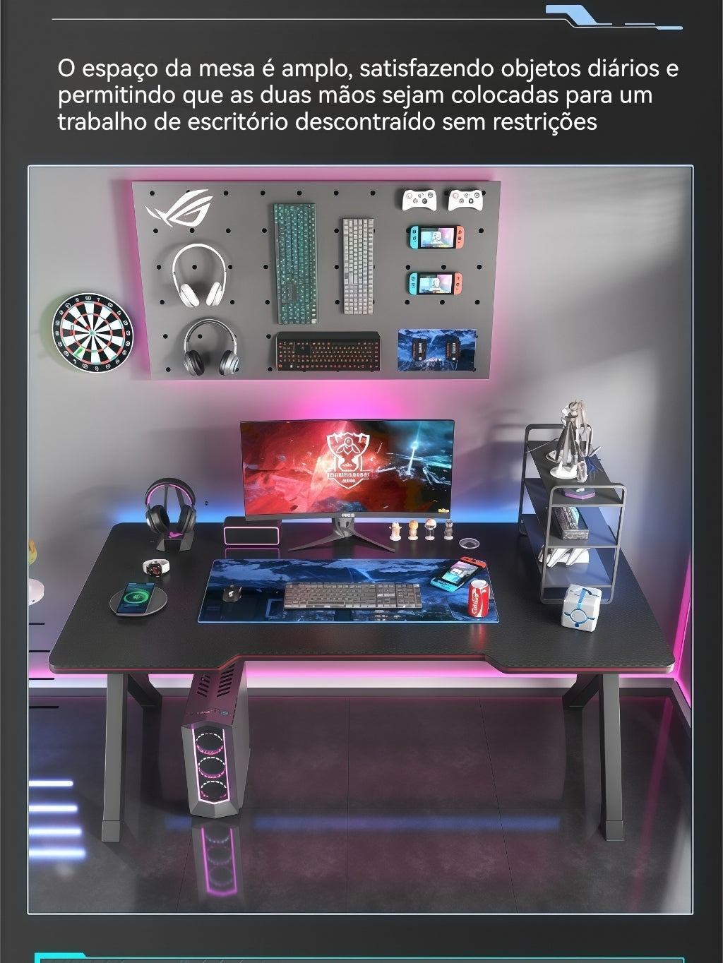 Mesa Gamer para Computador e Jogos Ideal para Estudo e Home Office com porta copos e suporte para fones de ouvido