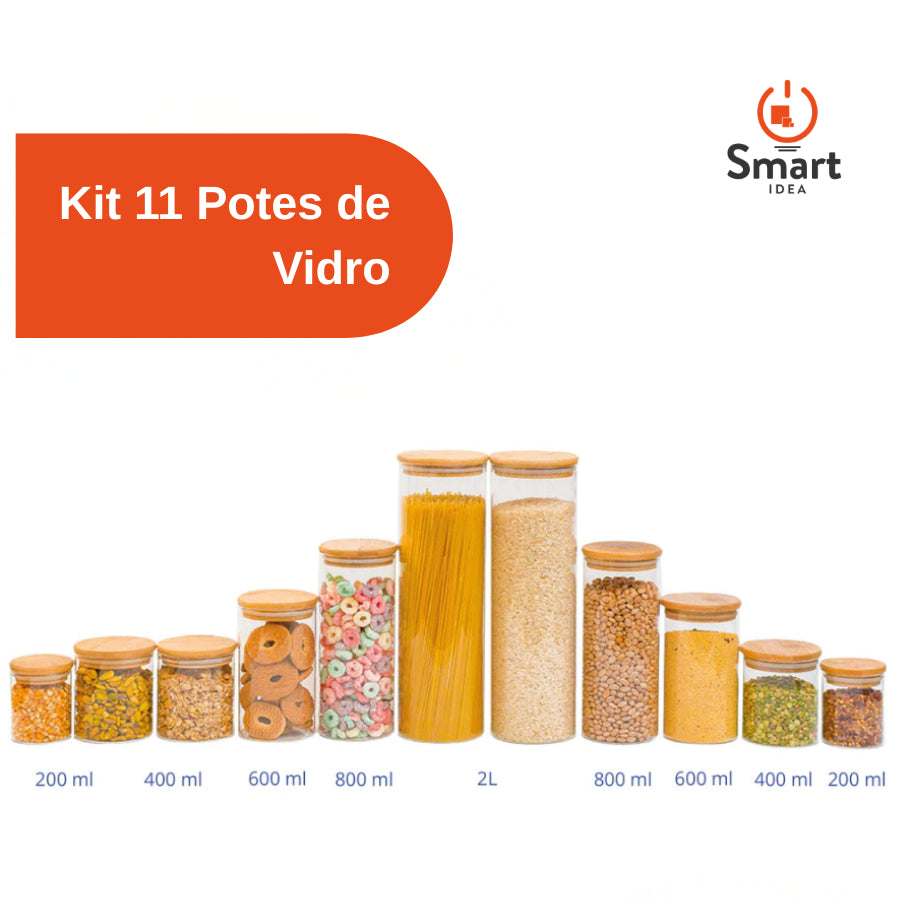 Kit Potes de Vidro Hermético c/ Tampa de Bambu (5, 7 ou 11) Vedação Silicone, Anti-Umidade, Porta Mantimentos