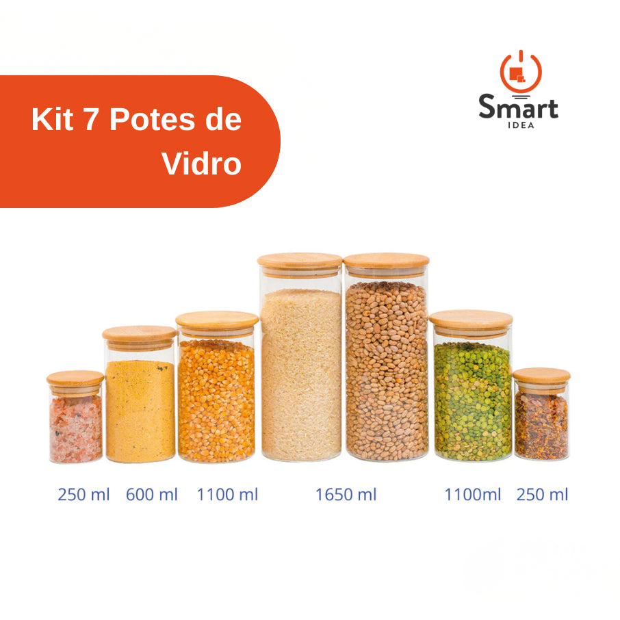 Kit Potes de Vidro Hermético c/ Tampa de Bambu (5, 7 ou 11) Vedação Silicone, Anti-Umidade, Porta Mantimentos