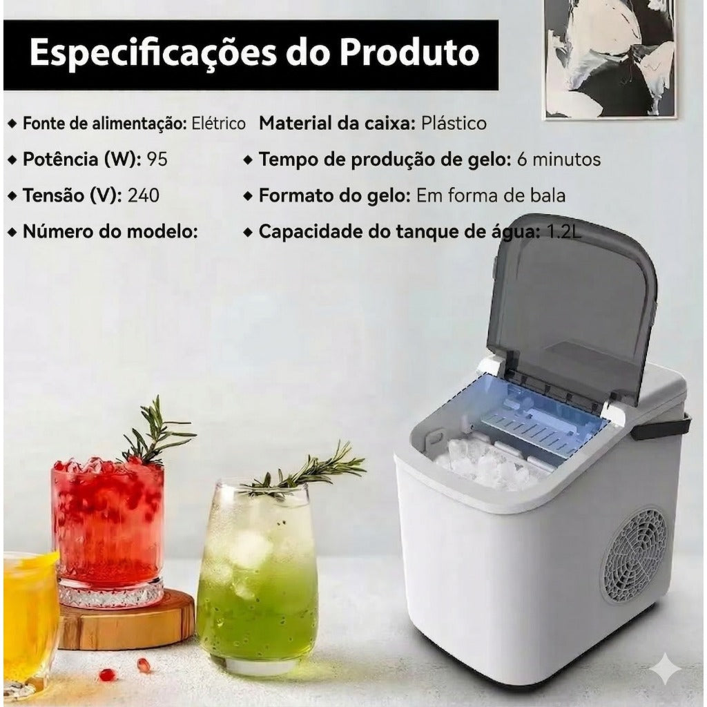 Máquina De Gelo Portátil Autolimpeza Painel LED Gelo Formato Bala 1,2 Litros 220V Doméstica