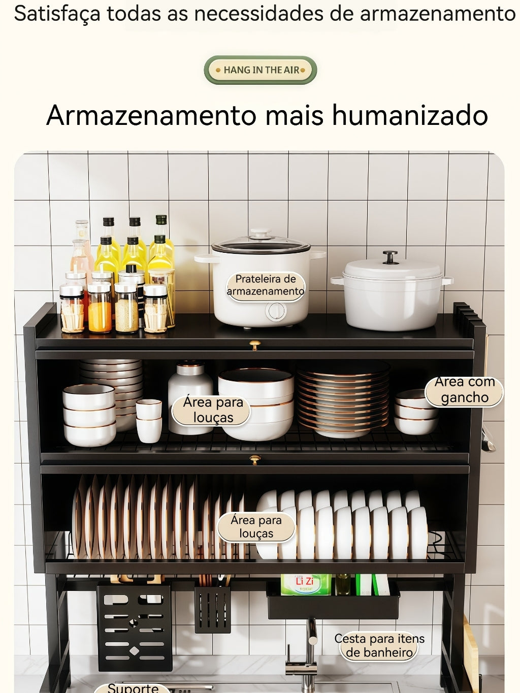 Escorredor De Louça 65/85cm Cozinha Suspensa Modula Pia Rack Organizador Estante poeira porta armário