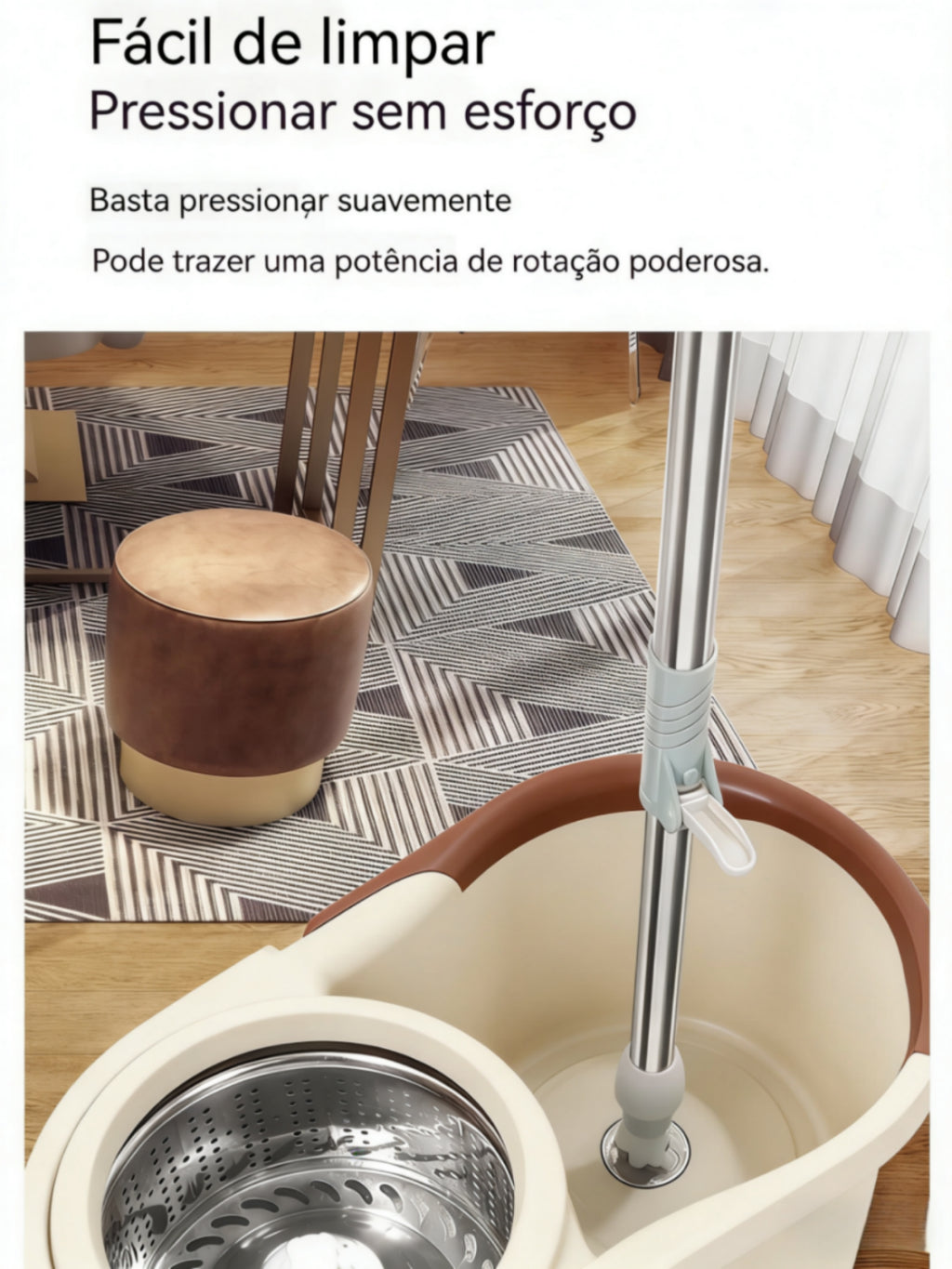 Mop 150cm Giratório 360° com Balde Inox e Rodas + 3 Refis Extras Alta Durabilidade e Limpeza Profunda