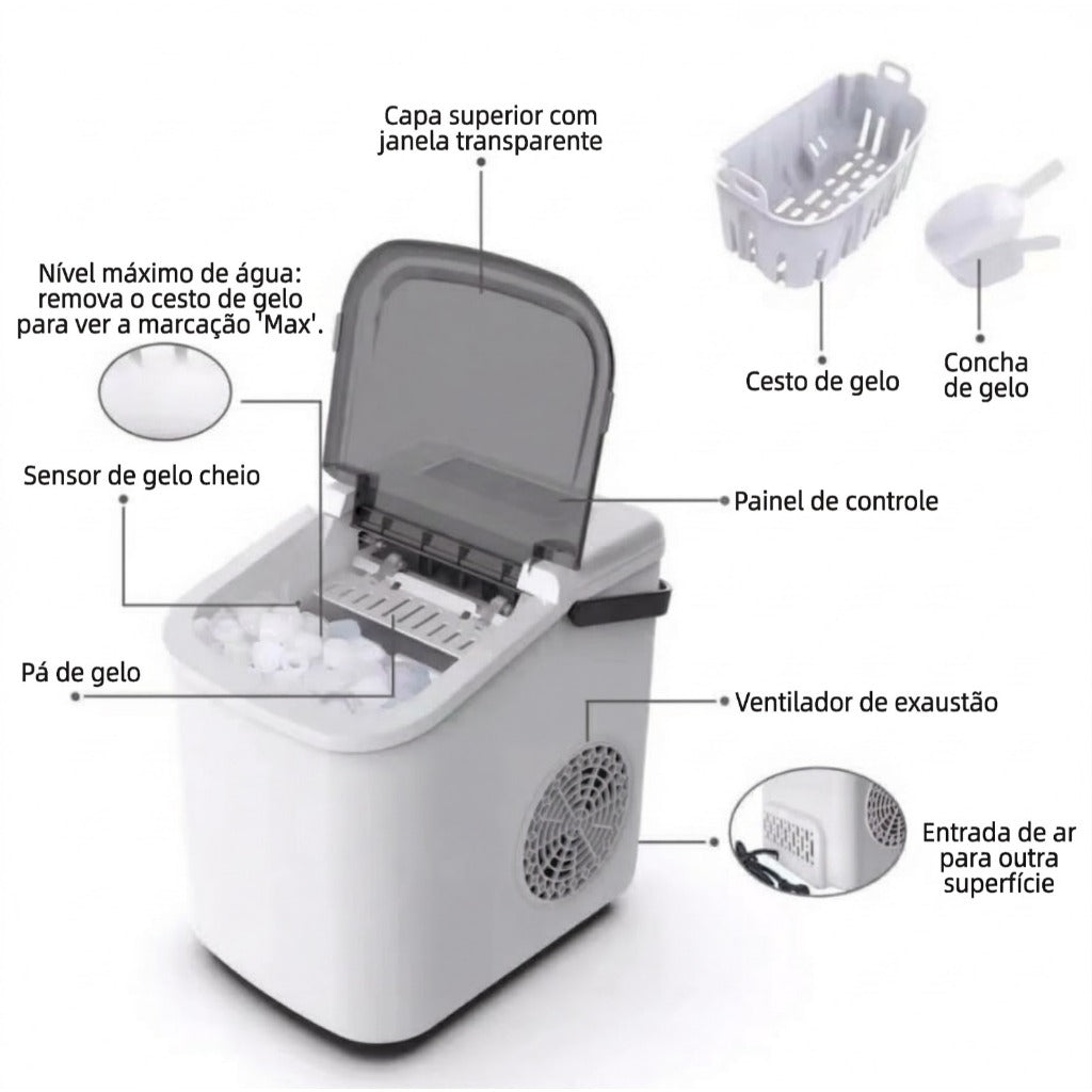 Máquina De Gelo Portátil Autolimpeza Painel LED Gelo Formato Bala 1,2 Litros 220V Doméstica