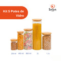 Kit Potes de Vidro Hermético c/ Tampa de Bambu (5, 7 ou 11) Vedação Silicone, Anti-Umidade, Porta Mantimentos