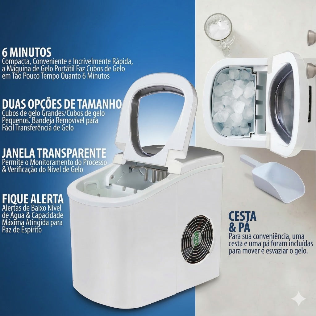 Máquina De Gelo Portátil Autolimpeza Painel LED Gelo Formato Bala 1,2 Litros 220V Doméstica