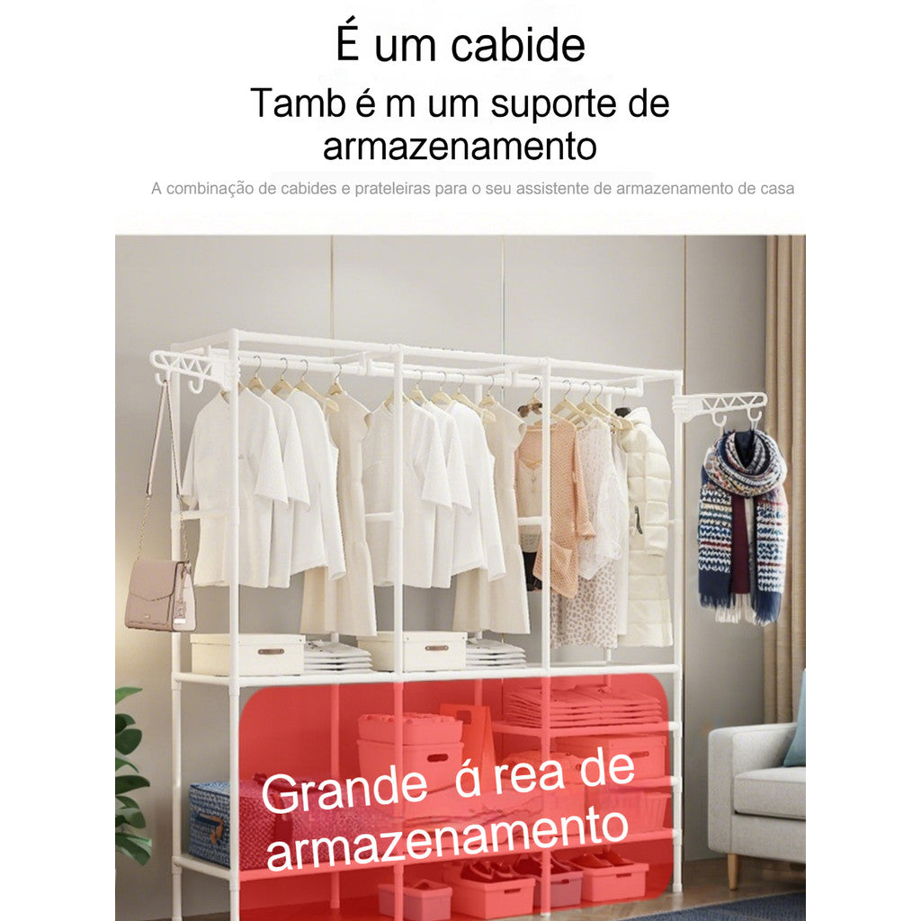 Cabideiro Arara para Chão Organizador Guarda-Roupas com Sapateira Multiuso - Portátil Economiza Espaço