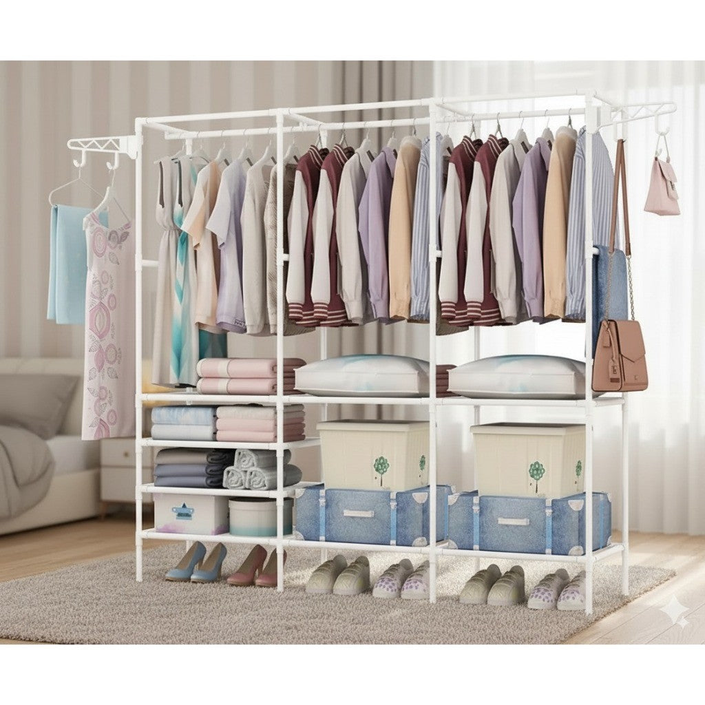 Cabideiro Arara para Chão Organizador Guarda-Roupas com Sapateira Multiuso - Portátil Economiza Espaço