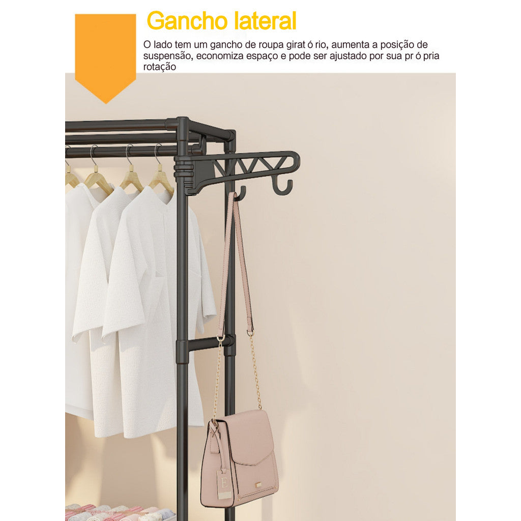 Cabideiro Arara para Chão Organizador Guarda-Roupas com Sapateira Multiuso - Portátil Economiza Espaço