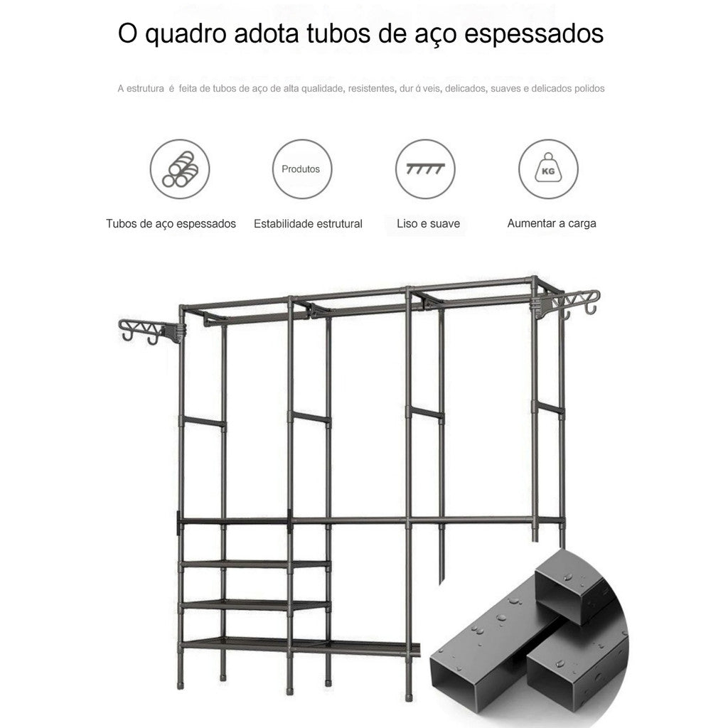 Cabideiro Arara para Chão Organizador Guarda-Roupas com Sapateira Multiuso - Portátil Economiza Espaço